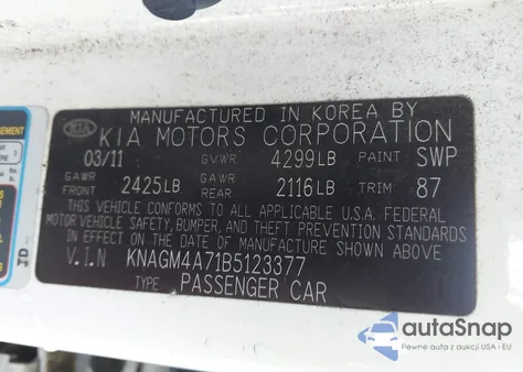 2011 Kia Optima Lx z USA, uszkodzony, nr VIN KNAGM4A71B5123377